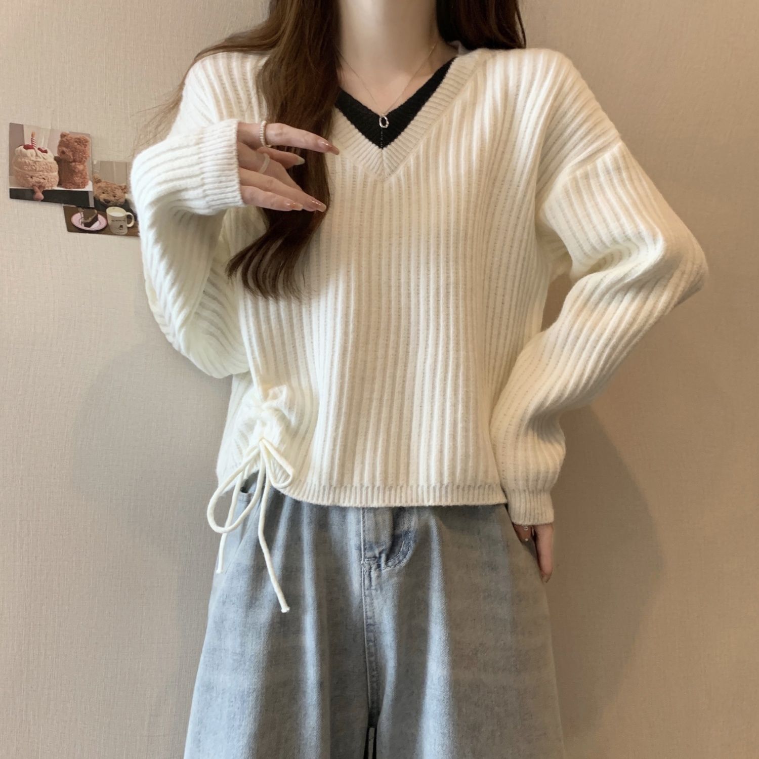 大碼針織衫女2023新款秋季時尚百搭顯瘦V領長袖假兩件抽繩毛衣潮
