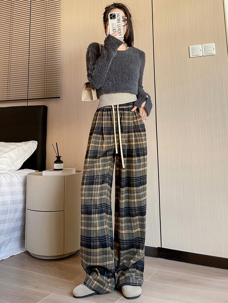 Yellow plaid trousers for women in spring, autumn and winter plus velvet new high-waisted casual slimming retro straight-leg floor-length wide-leg pants