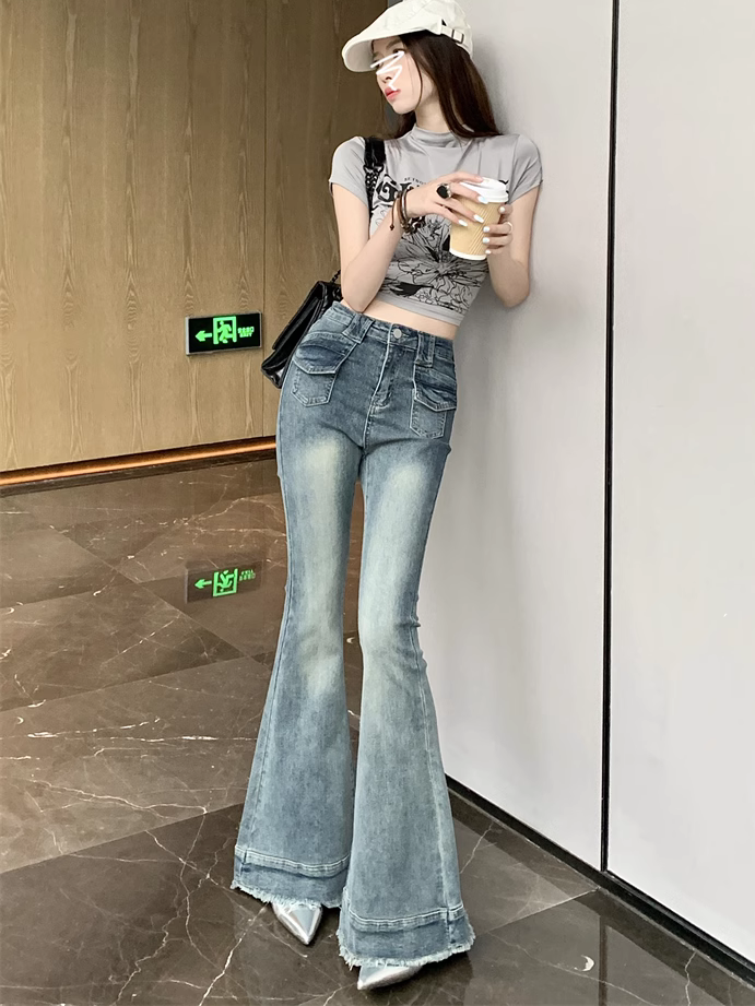 淺藍色高腰微喇牛仔褲女秋冬小個子修身彈力顯瘦提臀毛邊馬蹄褲春