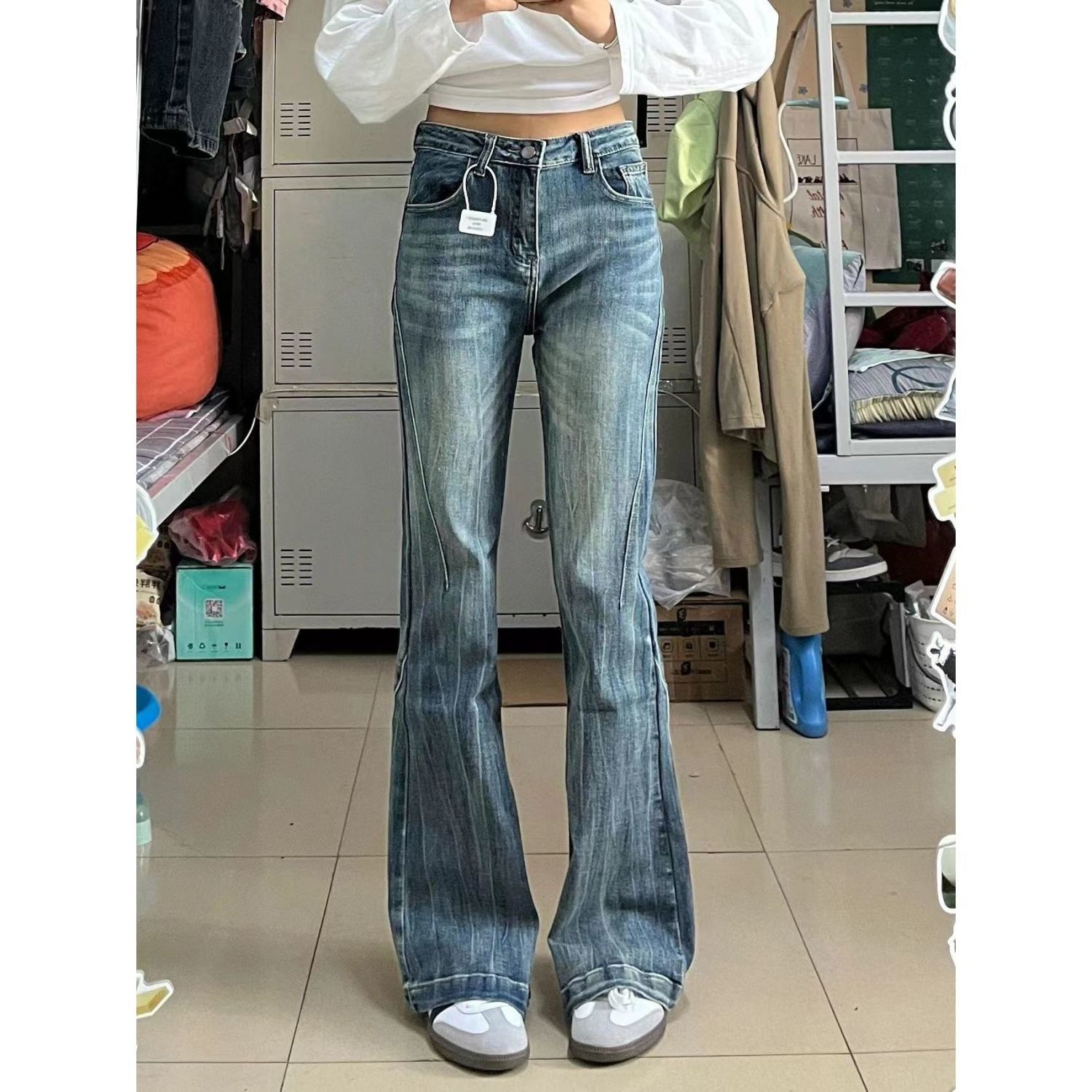 復古高街加長微喇叭牛仔褲女春秋新款高腰設計感彈力顯瘦馬蹄褲子
