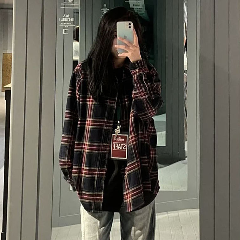 秋冬季復古磨毛洋氣格子襯衫女外穿寬鬆大碼學生上衣長袖襯衣外套
