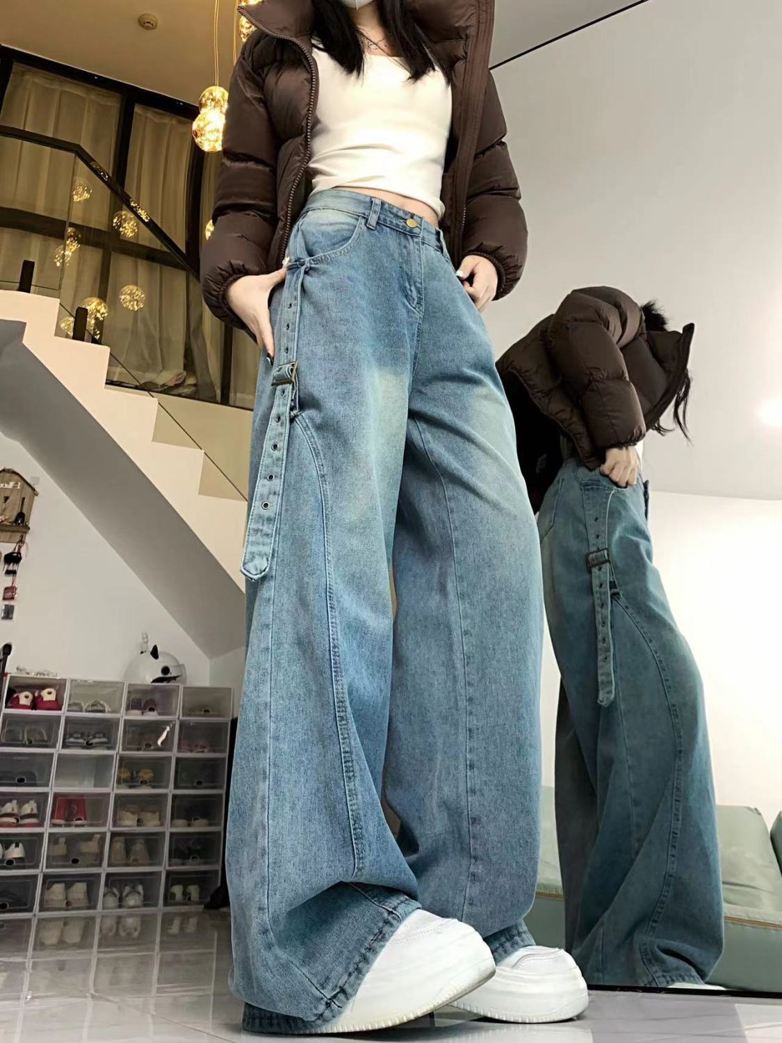 美式高街復古設計感飄帶闊腿牛仔褲女秋冬高腰寬鬆垂感顯瘦拖地褲