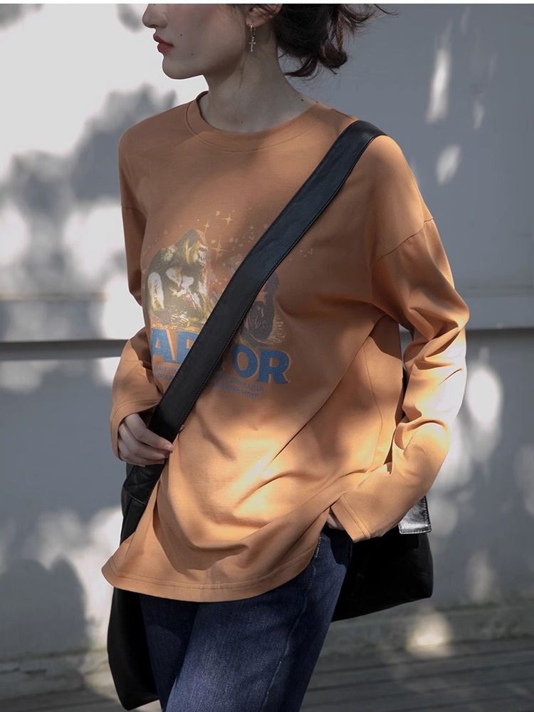 原創美式做舊印花長袖t恤女2023秋冬打底衫新款韓版寬鬆圓領上衣