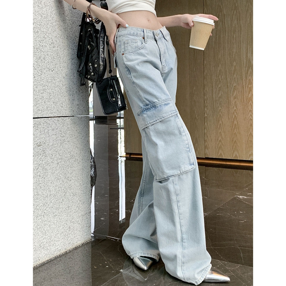 淺色簡約工裝口袋寬鬆拖地牛仔褲女高腰水洗闊腿小眾設計感長褲