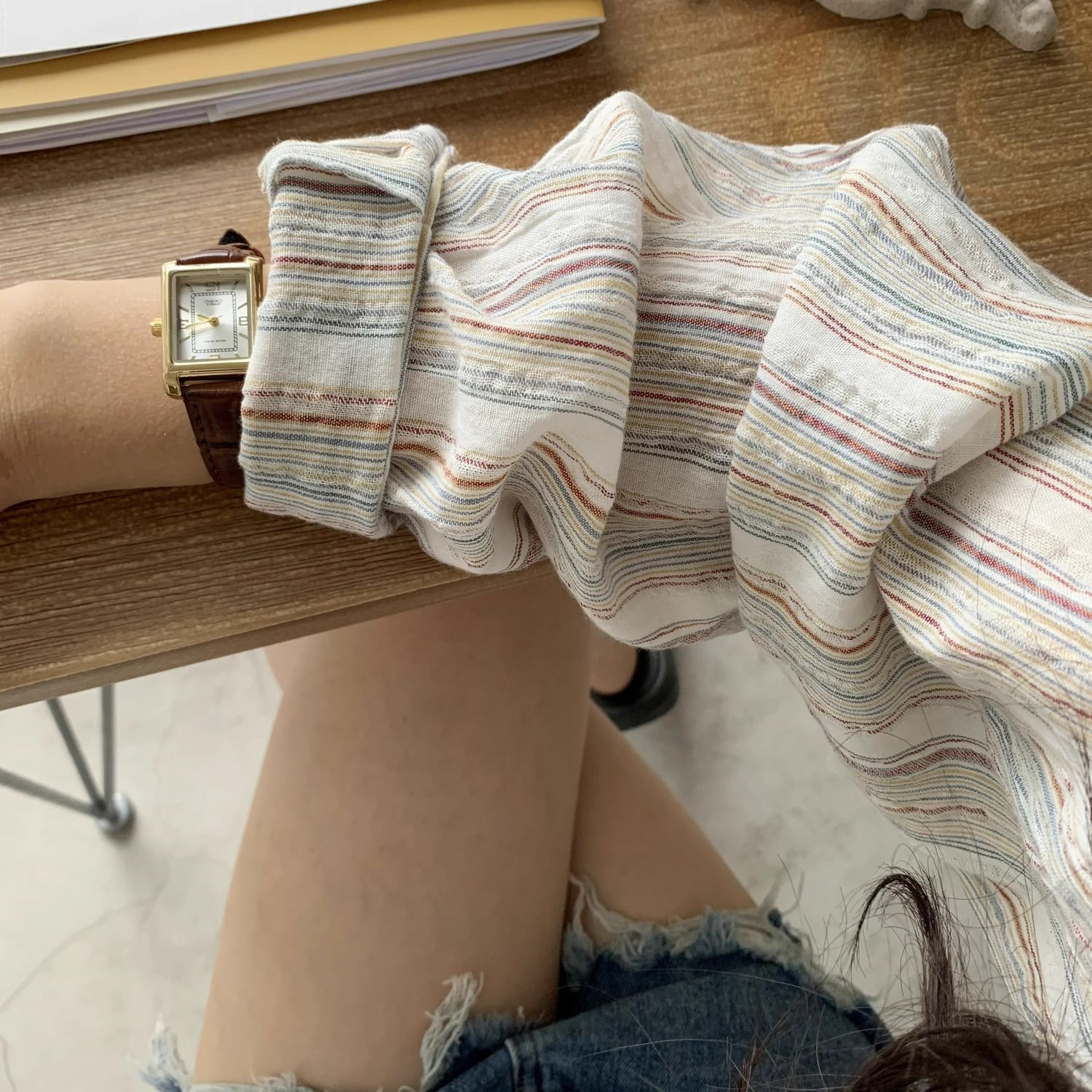 慵懶風復古細條紋襯衫女秋季設計感小眾上衣薄款寬鬆韓版長袖襯衣