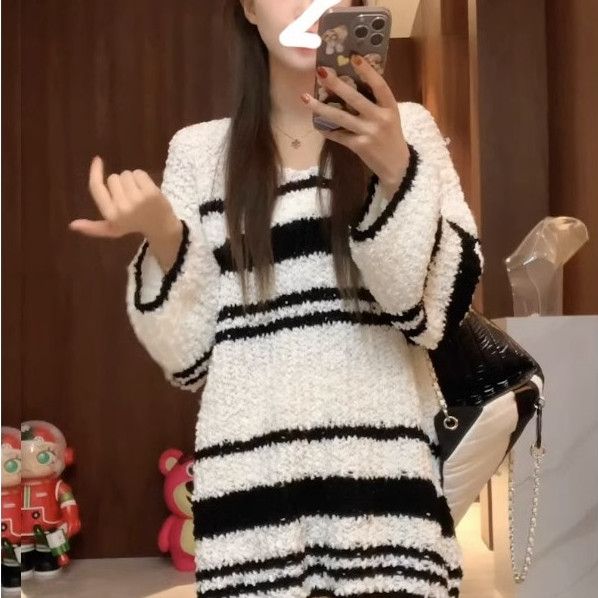 韓系休閒慵懶風軟糯條紋毛衣女2023年秋冬新款寬鬆拼色針織衫上衣