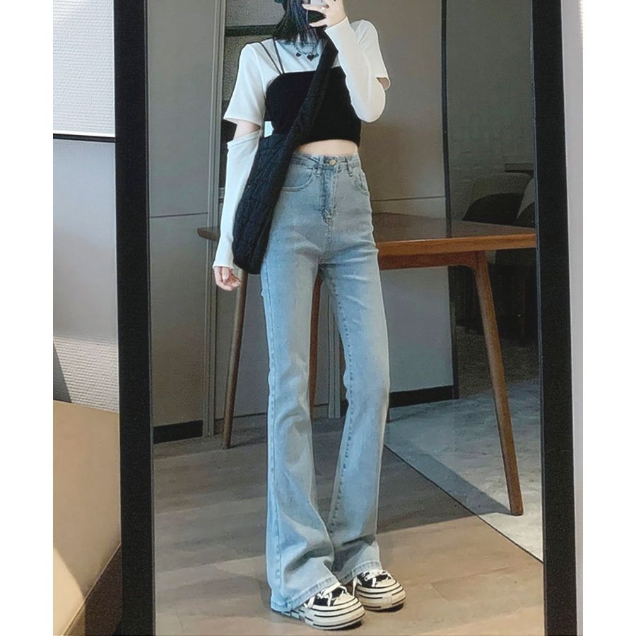 秋季2023新款淺藍色微喇牛仔褲女簡約百搭修身顯瘦高腰喇叭拖地褲
