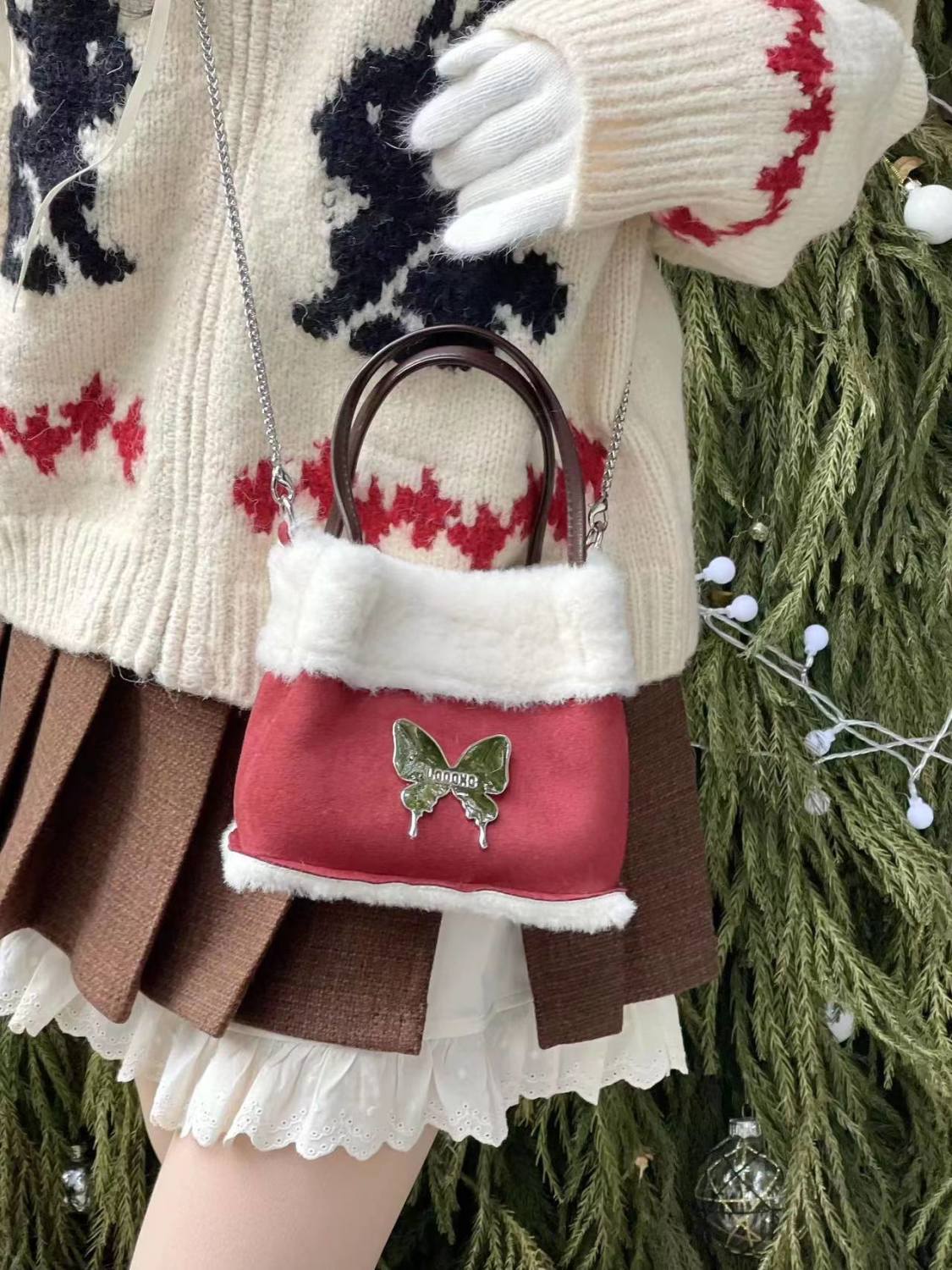Original red envelope, small bucket bag, New Year's crossbody bag, Christmas lamb's wool bag, forest autumn and winter plush bag