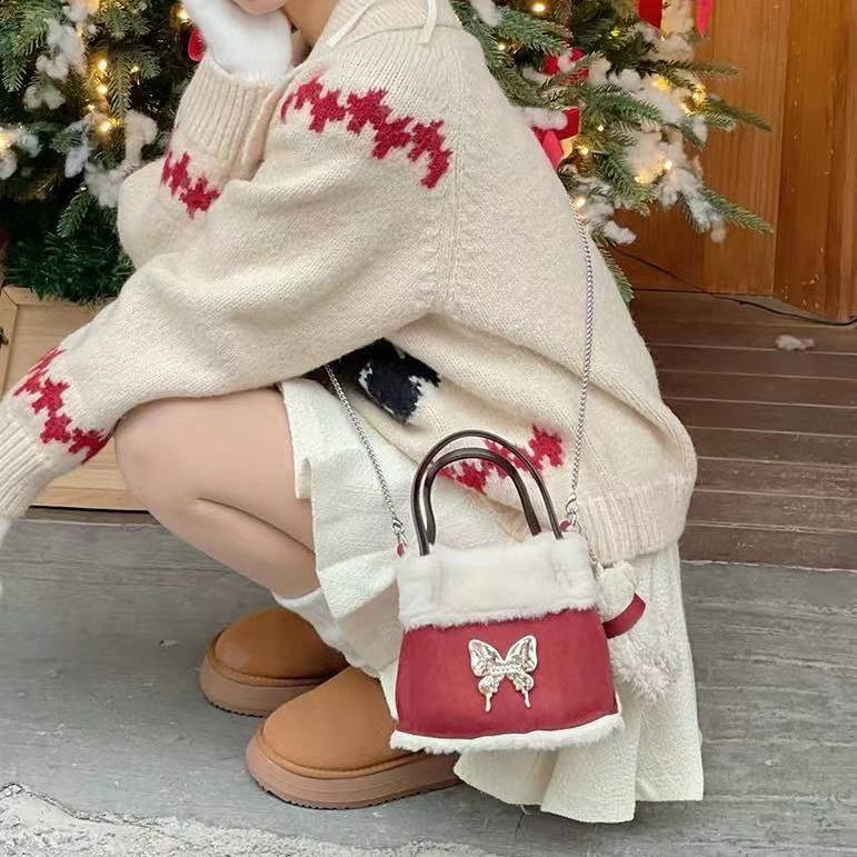 原創紅包小水桶包新年斜挎包聖誕羊羔毛包包森系秋冬毛絨包
