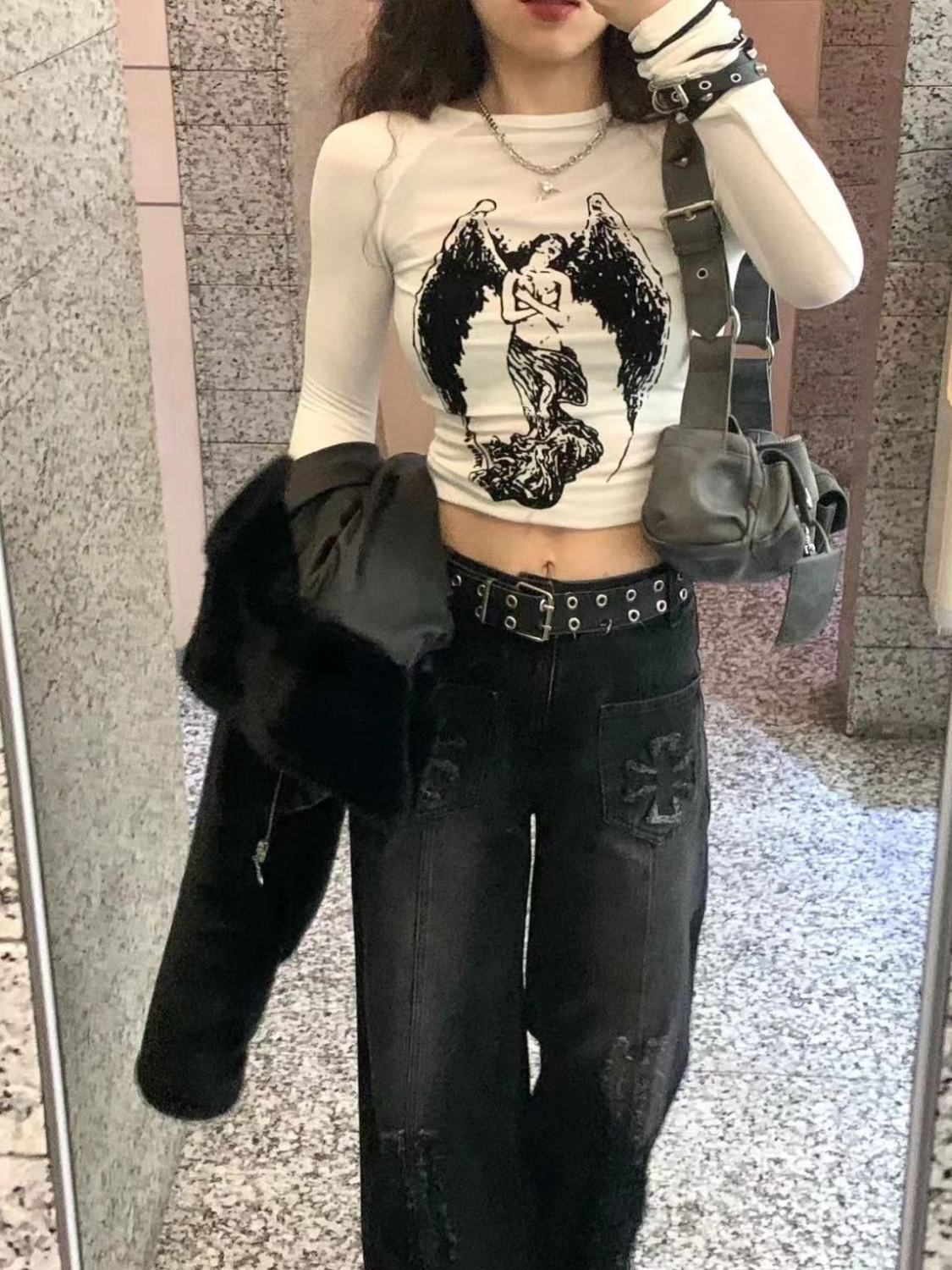 美式辣妹天使印花長袖修身打底衫女秋冬設計小眾顯瘦內搭微透上衣
