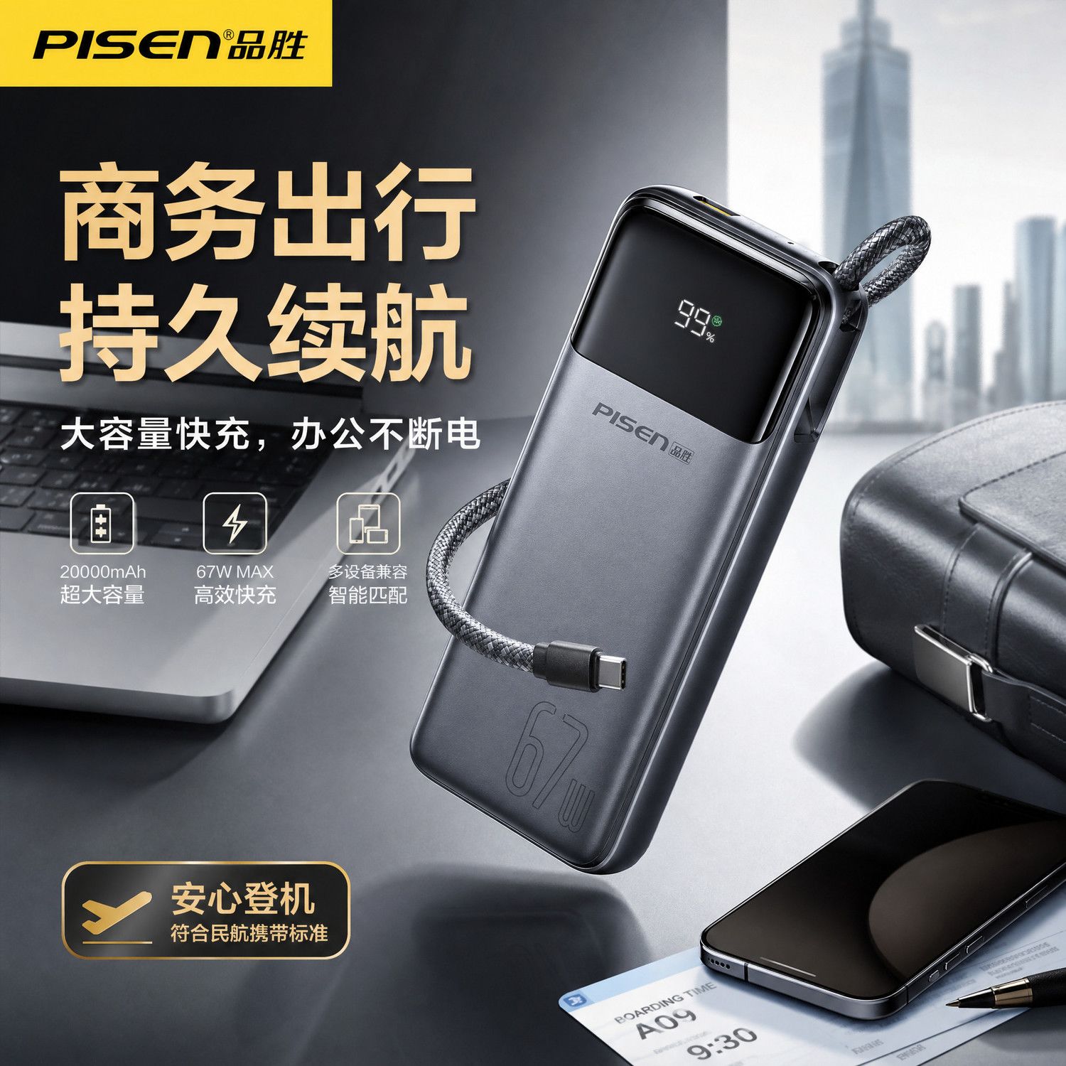 品胜2026新款方舟快充20000自带毫安大容量移动电源笔记本3C认证