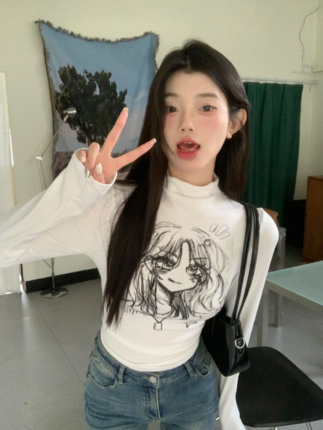 高領長袖T恤秋季韓版卡通印花辣妹修身顯瘦不規則打底上衣ins時尚