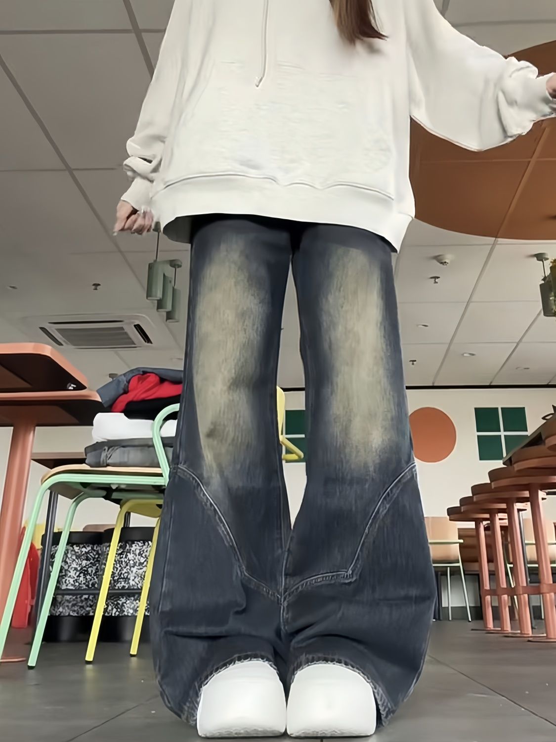 美式復古水泥灰微喇叭牛仔褲女秋季辣妹設計感高腰顯瘦寬鬆闊腿褲