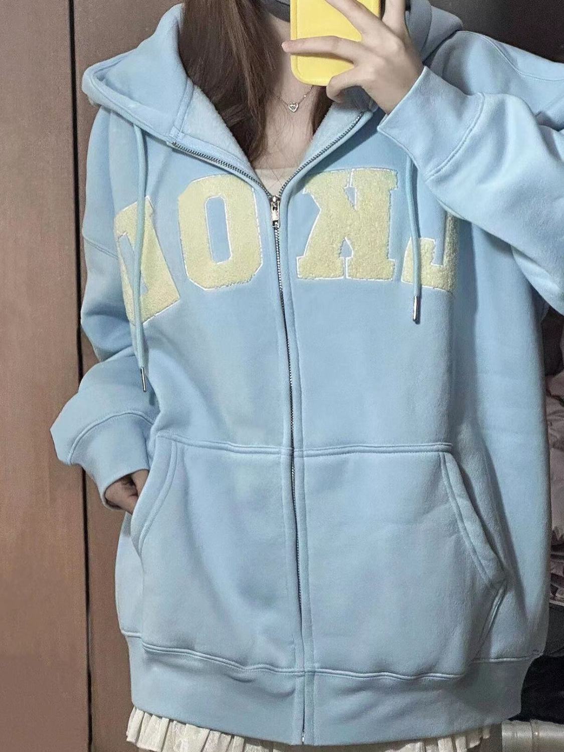 加絨加厚刺繡衛衣外套女秋冬2023新款韓系慵懶風垂墜感連帽開衫潮
