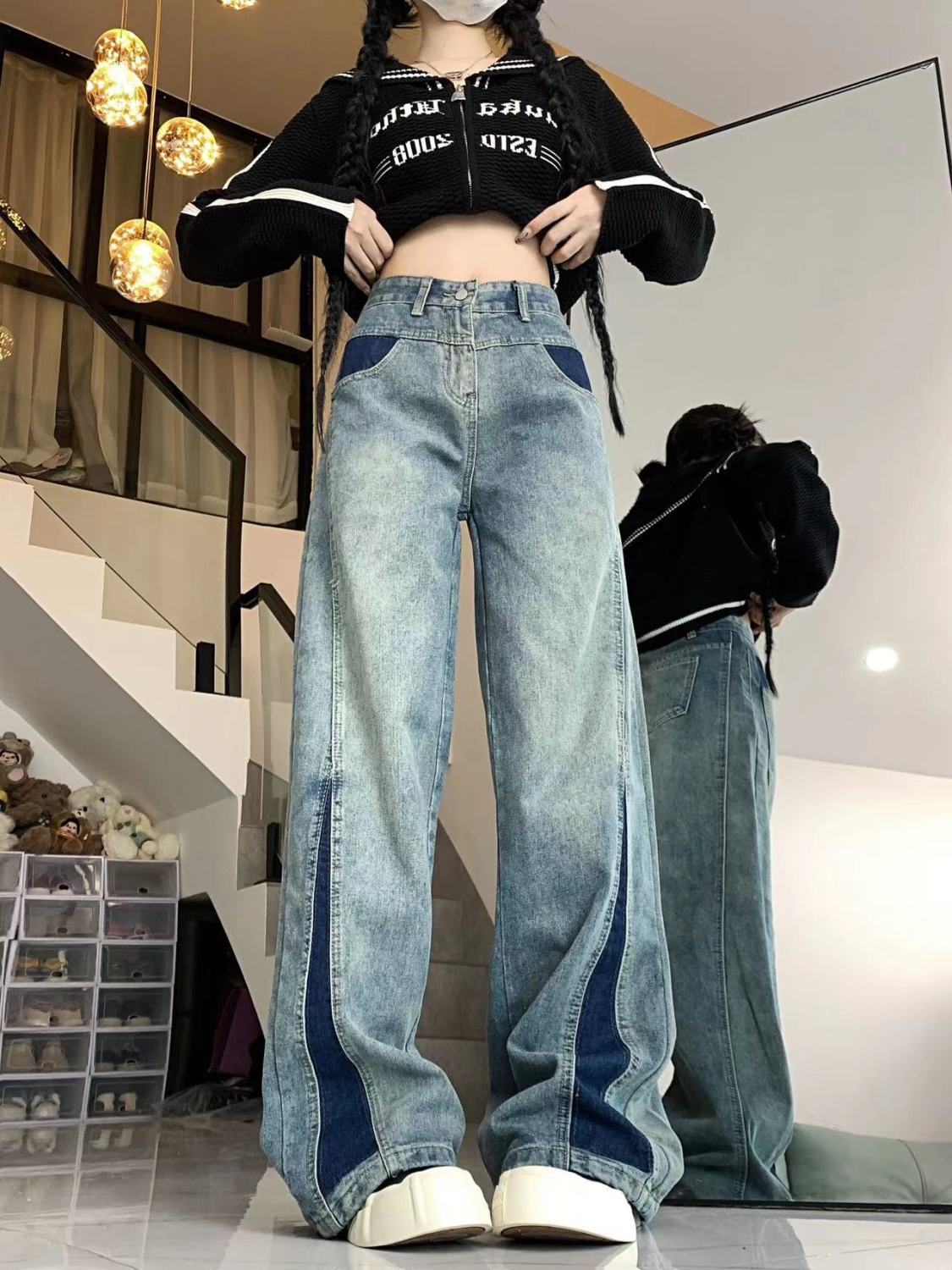 美式ins嘻哈撞色拼接闊腿牛仔褲女秋冬設計感高腰寬鬆顯瘦拖地褲