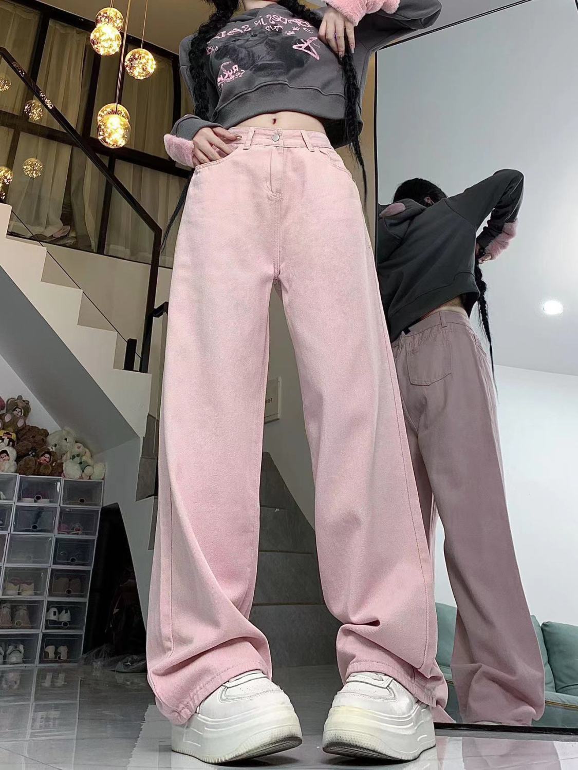 辣妹少女粉直筒牛仔褲女秋冬設計感高腰寬鬆顯瘦闊腿拖地褲ins潮