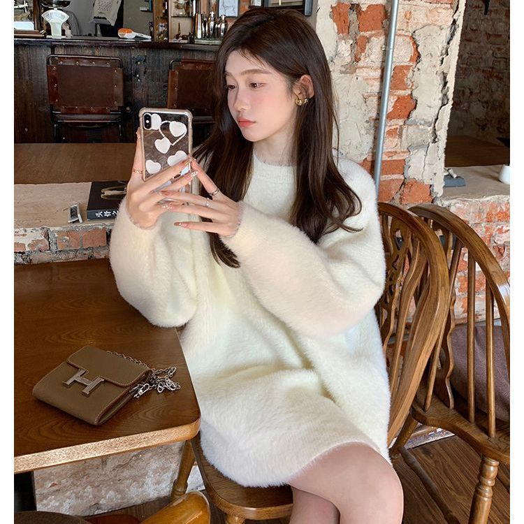 高檔水貂絨毛衣女秋冬韓系性感針織軟糯厚實寬鬆慵懶風白色奶fufu