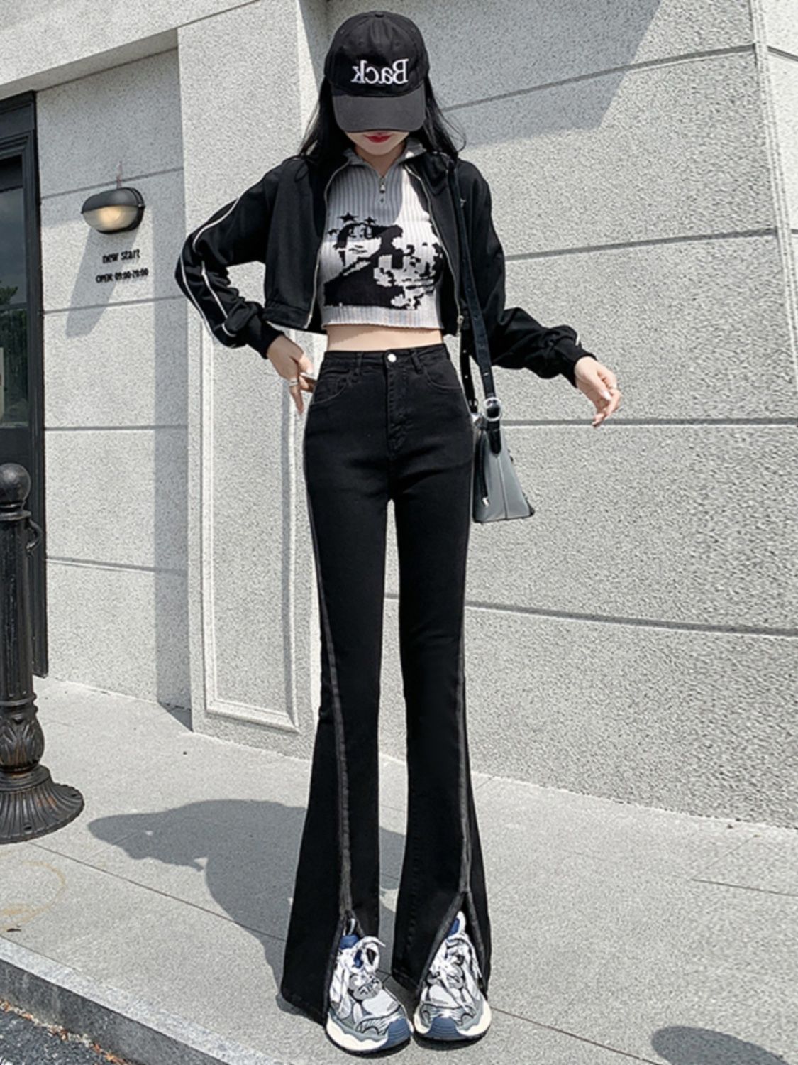 YSYOURS開叉黑色牛仔褲女春秋高腰顯瘦彈力大碼胖MM修容微喇叭褲