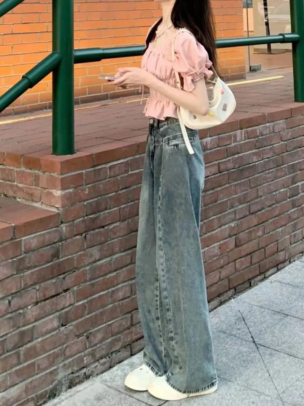 美式復古垂感牛仔褲女學院風高腰辣妹小個子寬鬆直筒拖地闊腿長褲