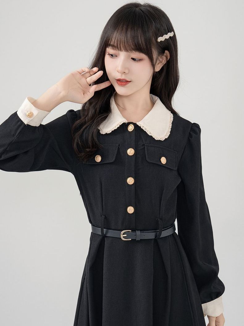 Plus size Hepburn holiday niche temperament slim French lapel black skirt waist color block retro dress for women