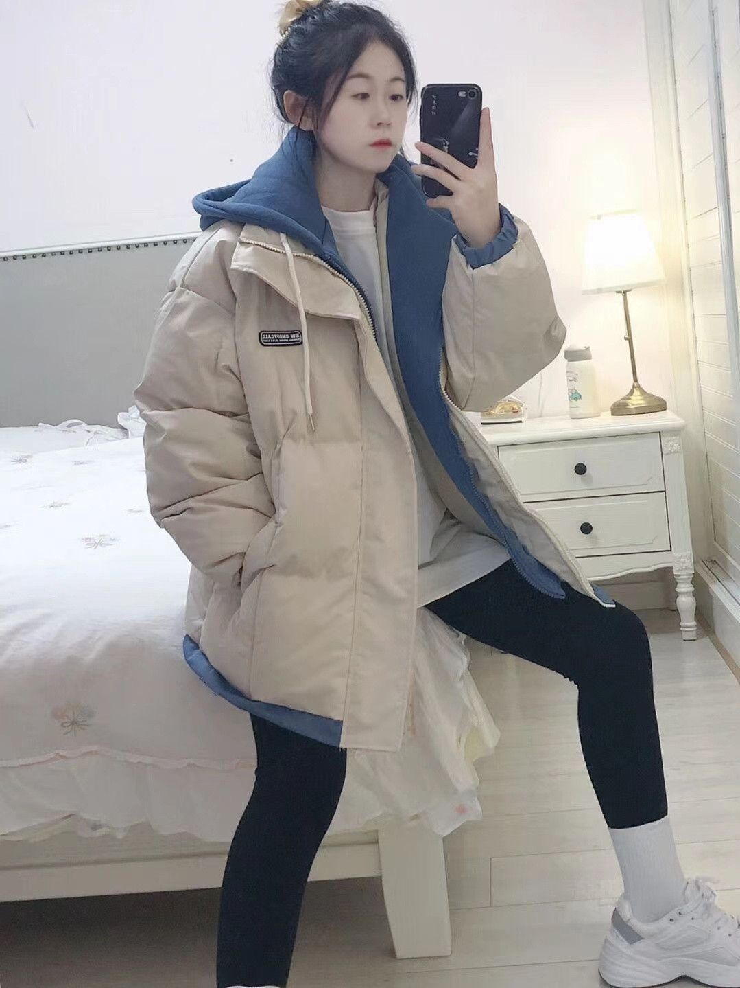 Fake two-piece hooded bread jacket for female students  winter new style retro small man loose cotton coat