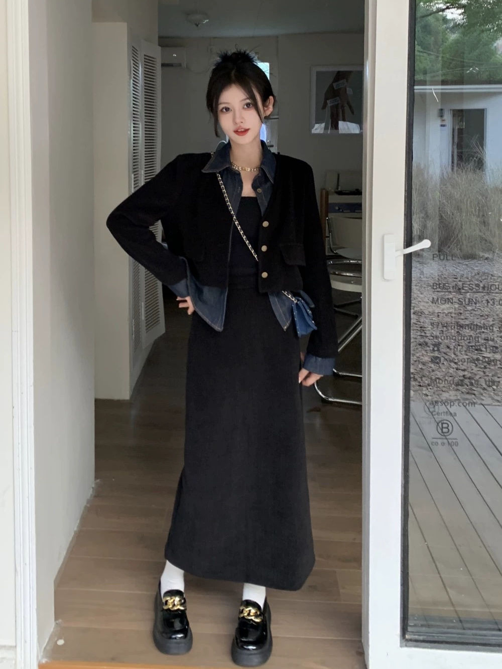 大碼法式復古套裝女氣質假兩件長袖開衫外套秋季高腰半身裙兩件套