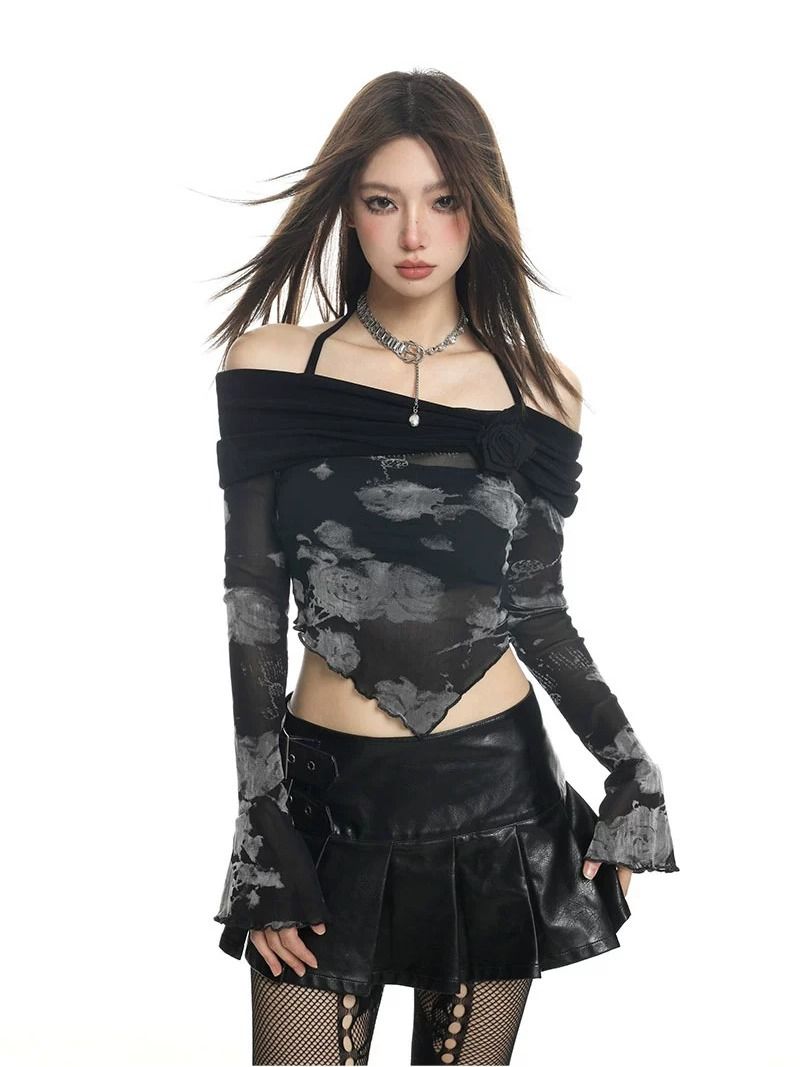 美式復古黑色掛脖長袖t恤女秋季內搭打底衫辣妹修身一字露肩上衣