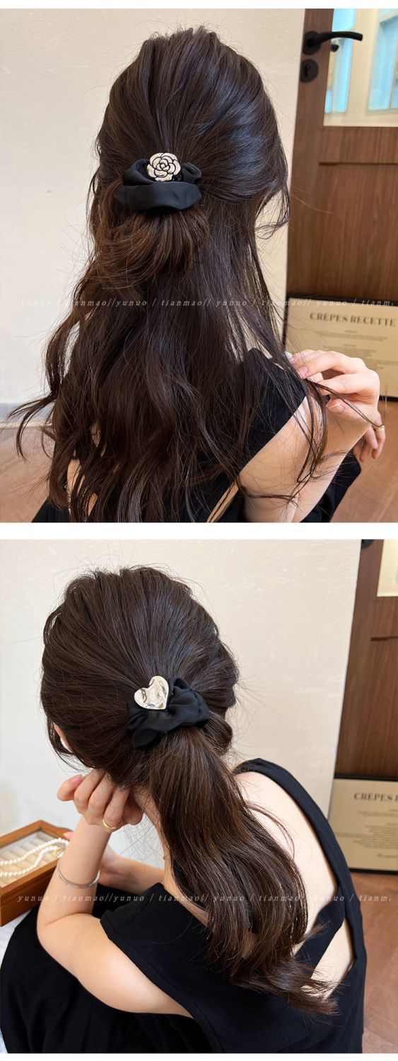 Schwarzes Kamelien-haargummi Mit Schleife Exquisites Leder-scrunchie_voghion.com
