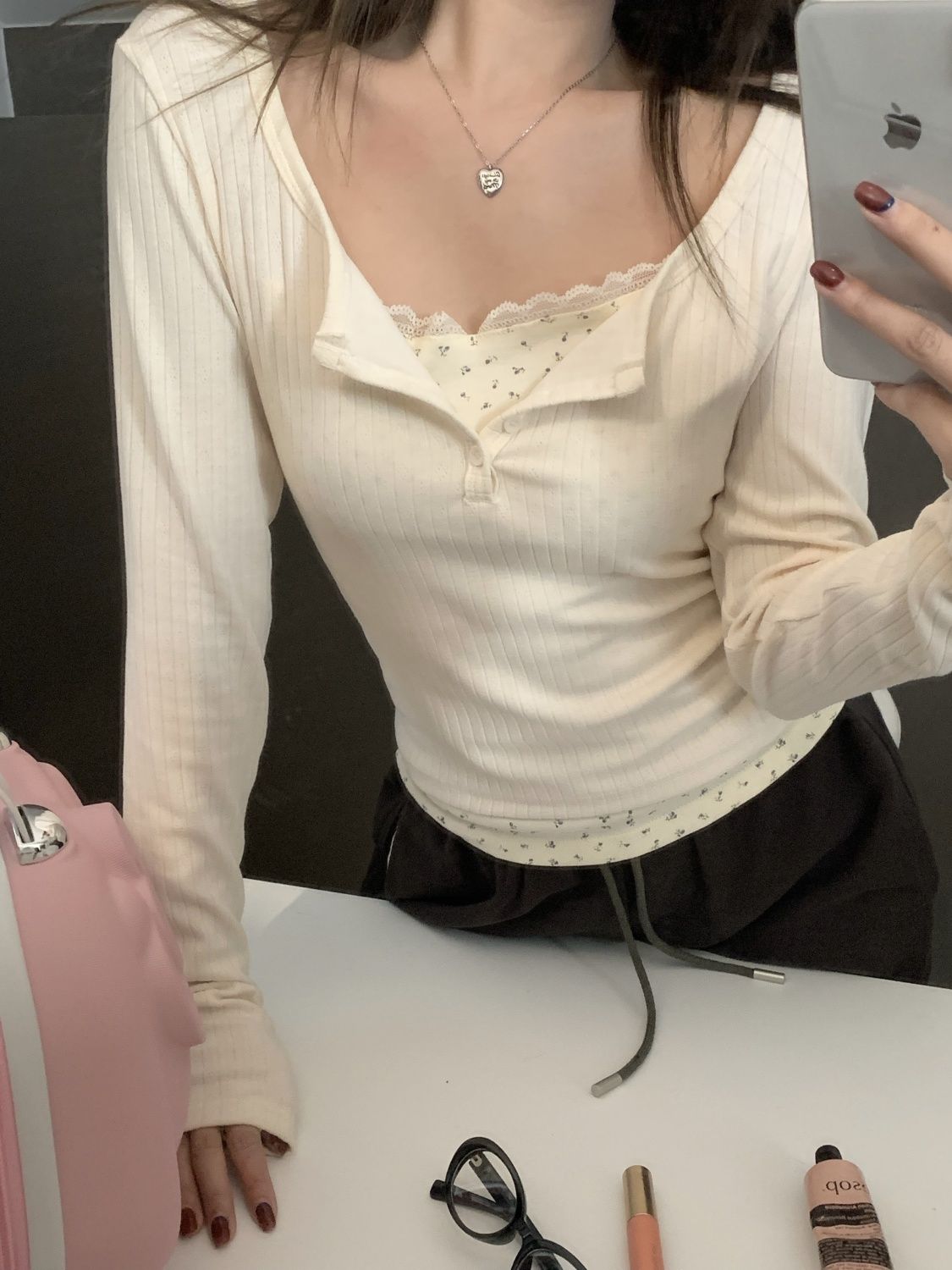 韓版假兩件t恤女秋冬季2023新款拼接碎花設計感小眾修身長袖上衣