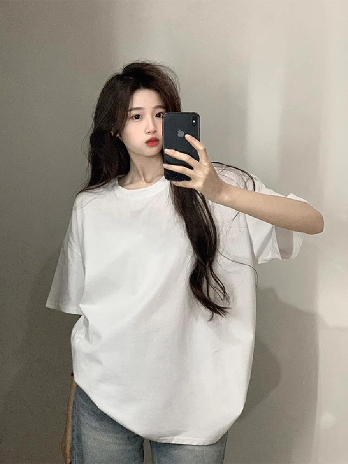 100%純棉黑色寬鬆短袖t恤女春裝2024年新款夏季純色打底內搭上衣