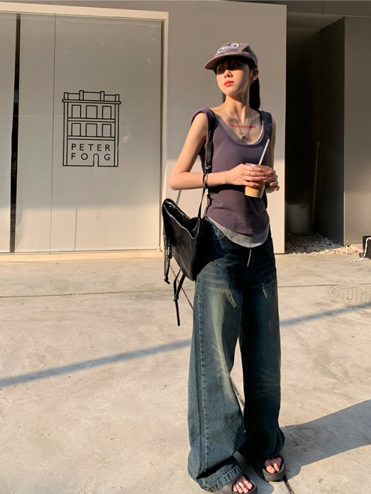 美式復古闊腿牛仔褲女小個子秋季ins新款寬鬆高腰休閒拖地褲子潮