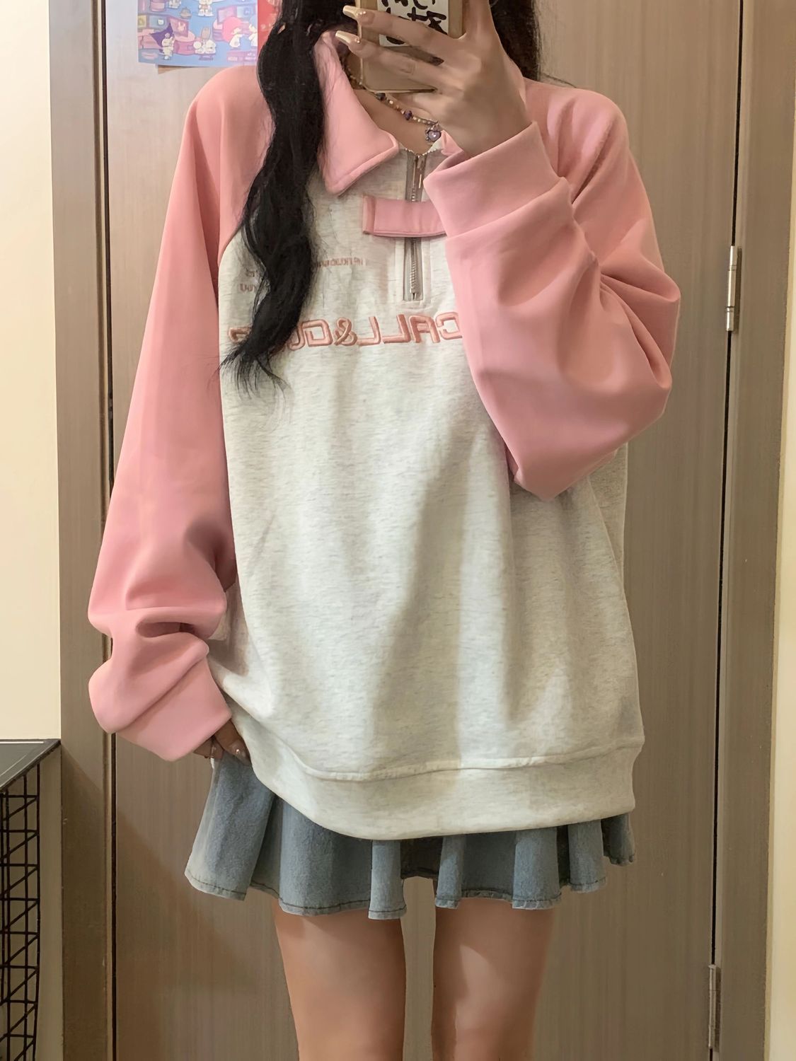 韓系校園風!!!【半拉鏈polo領】美式復古插肩袖衛衣女INS韓版上衣