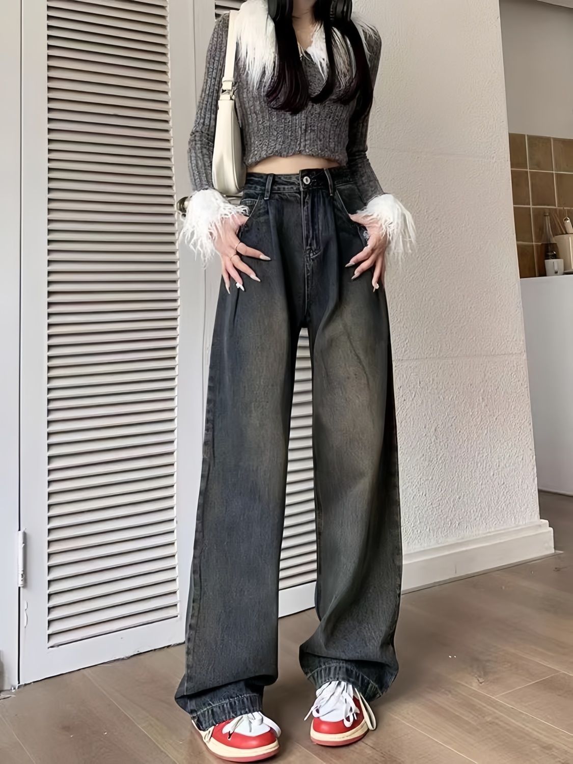 美式復古垂感闊腿牛仔褲女秋冬新款設計感高腰寬鬆顯瘦直筒拖地褲