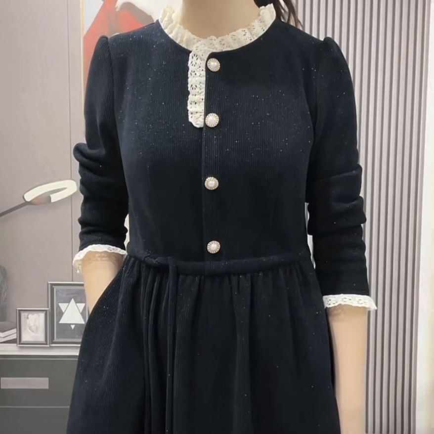 帛萊軟精紡連衣裙高級輕奢2023秋新款加厚女裝法式赫本風蕾絲裙子