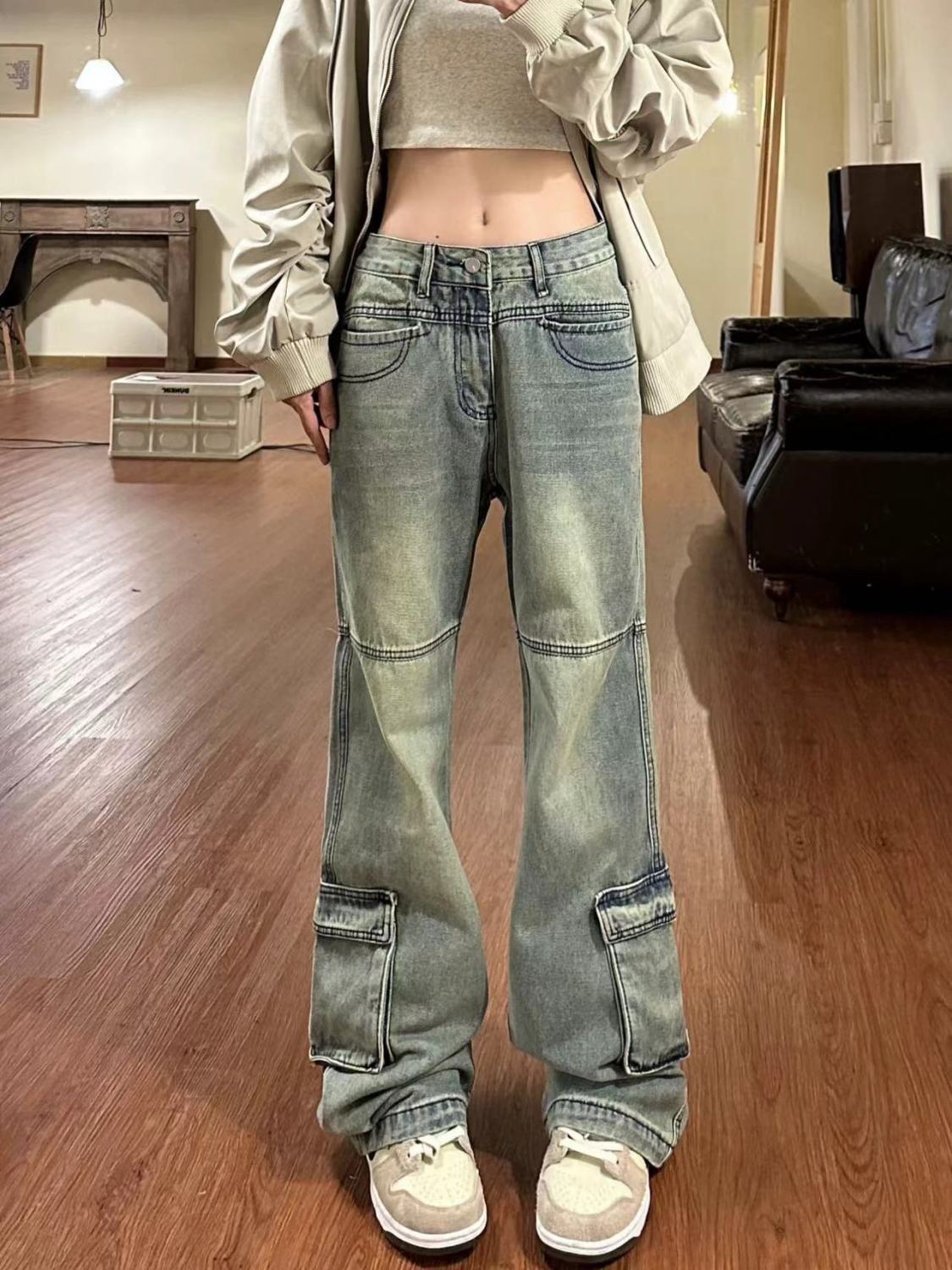 美式做舊黃泥口袋工裝牛仔褲女秋冬設計感低腰寬鬆顯瘦直筒拖地褲