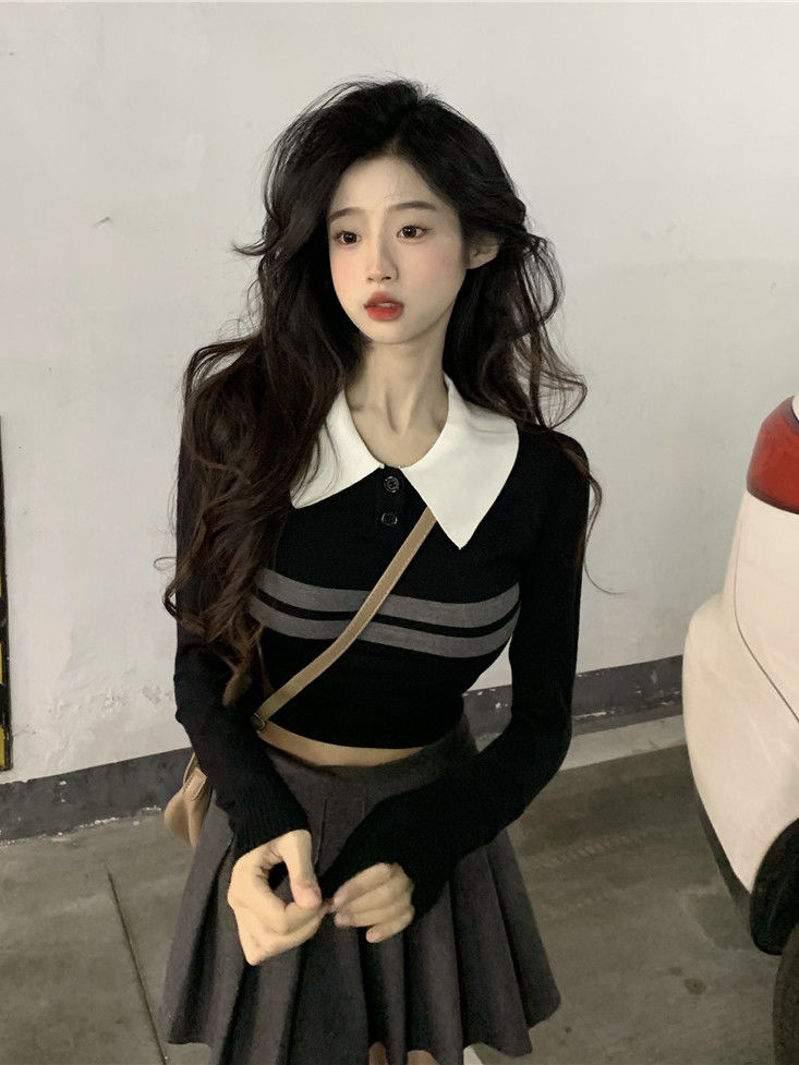黑色polo領針織衫女設計感小眾秋季獨特别致chic辣妹內搭短款上衣
