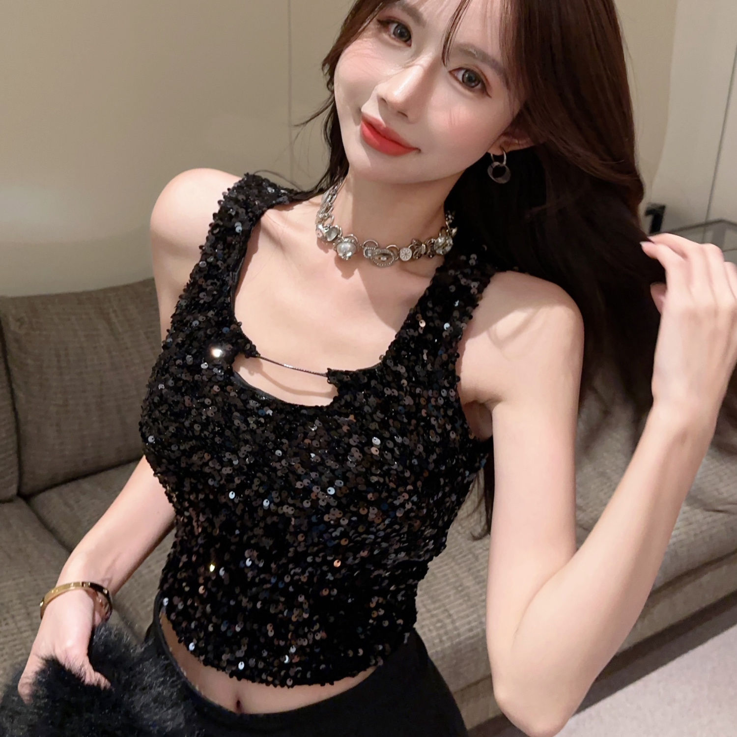 吊帶背心女美式辣妹風個性亮片設計感秋季新款修身內搭方領短上衣