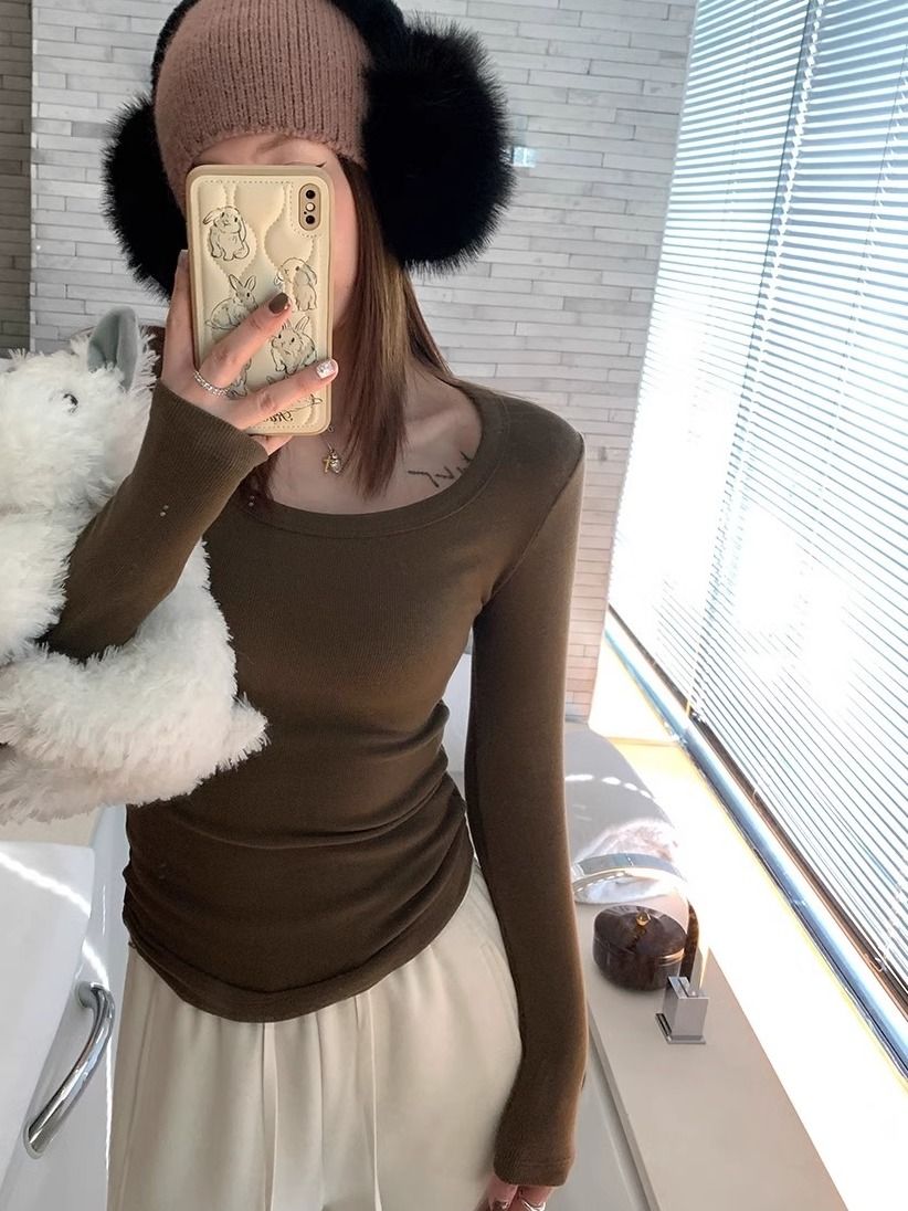 德絨保暖磨毛打底衫長袖T恤女秋冬新款純色修身內搭上衣女ins潮