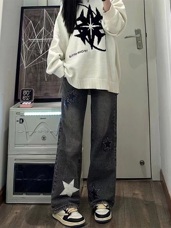 美式ins復古星星刺繡牛仔褲女秋冬設計感高腰寬鬆顯瘦闊腿拖地褲