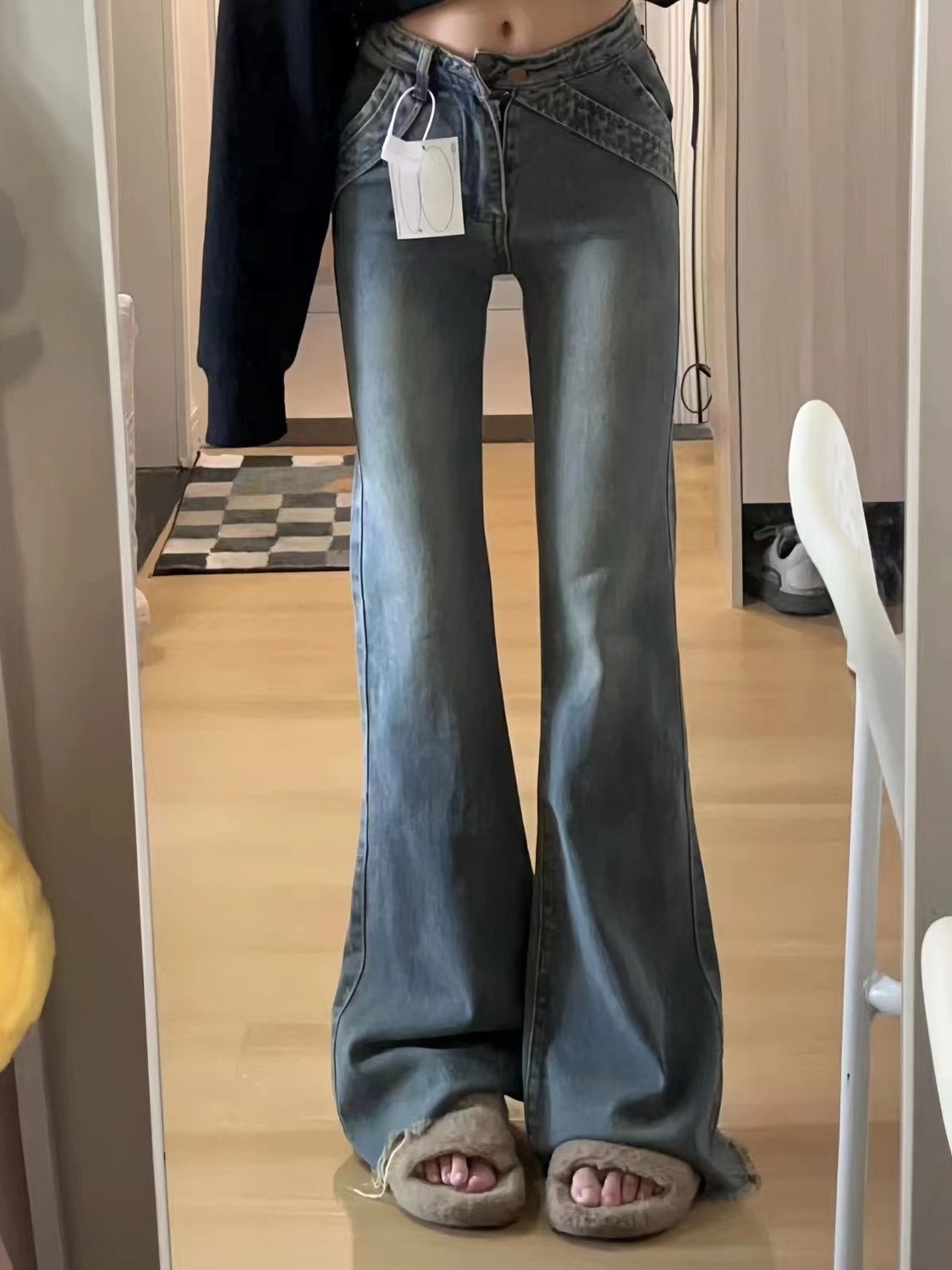 美式復古毛邊低腰微喇牛仔褲女秋冬高街設計感修身彈力顯瘦馬蹄褲