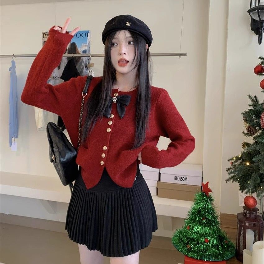 Small fragrant bow Christmas New Year red sweater cardigan for women in winter loose lazy style short knitted top
