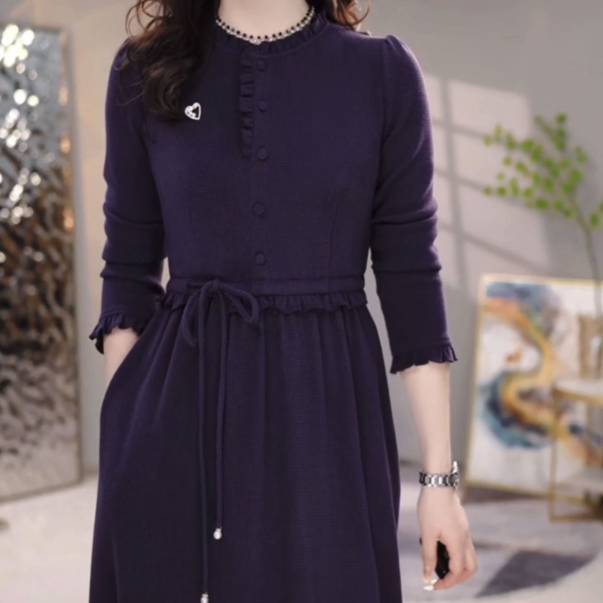 赫本氣質高級感雪尼爾絨連衣裙2023秋冬新款女裝遮肉顯瘦加厚裙子