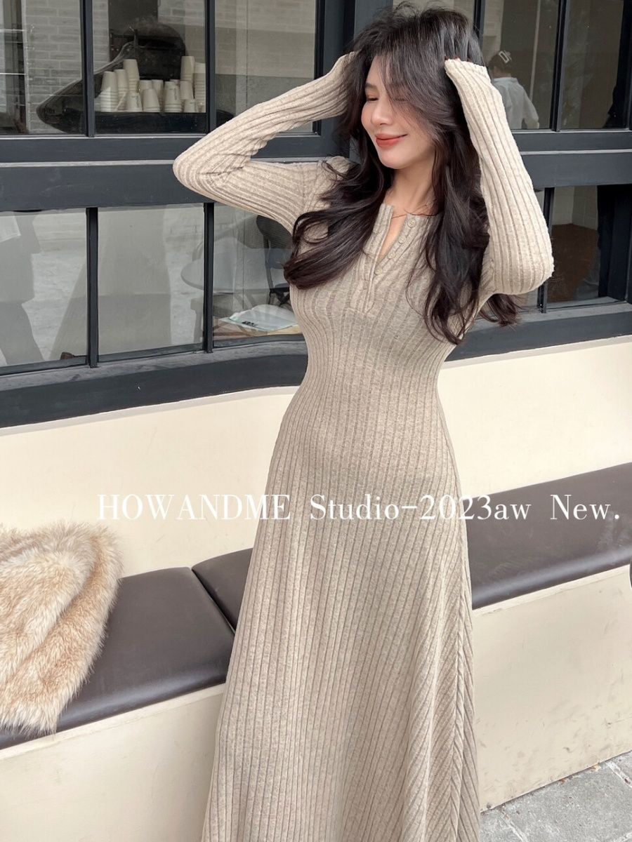 howandme autumn and winter  new French waist slimming mid-length bottoming skirt long-sleeved knitted dress for women