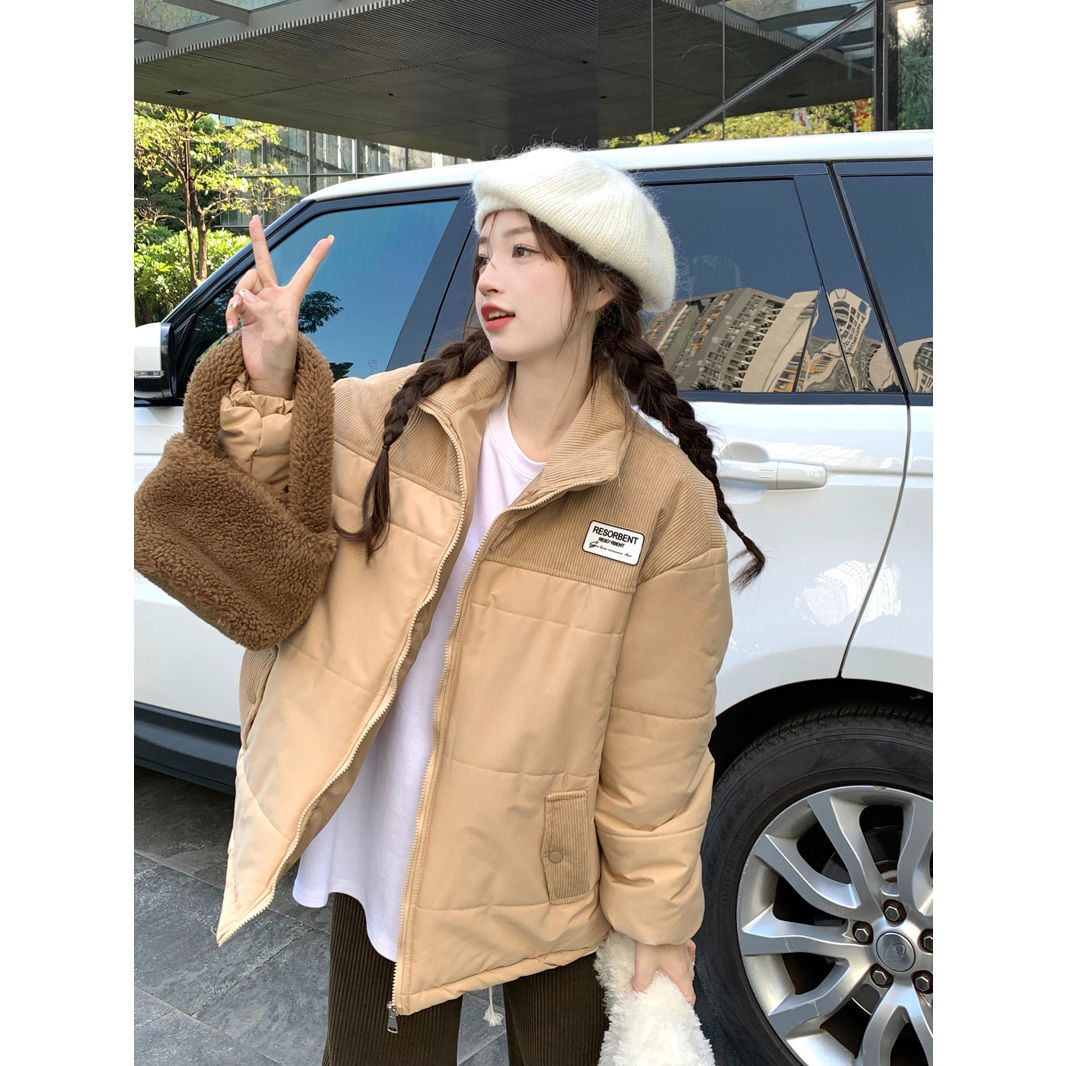 韓版國潮燈芯絨拼接棉服女冬季2023年新款加厚設計感小眾棉襖外套