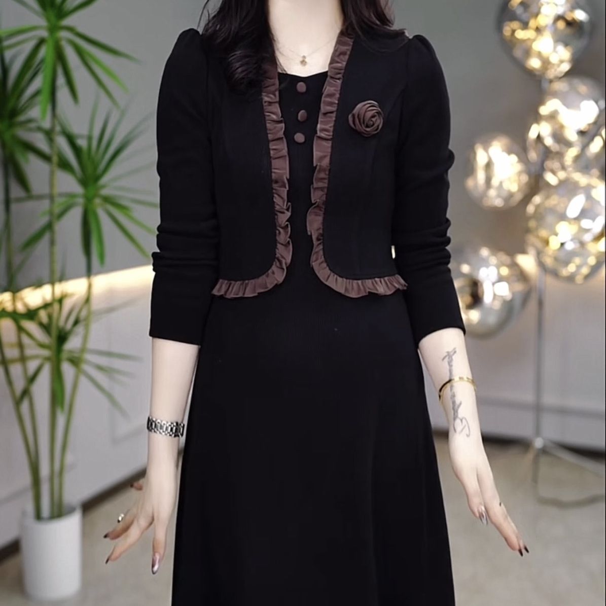 時尚加厚雪尼爾絨假兩件套裝連衣裙2023新款冬季女裝氣質顯瘦裙子
