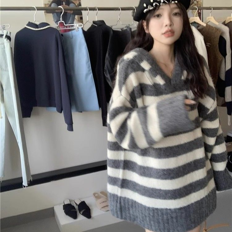 法式sezanemara軟糯條紋連帽毛衣女秋冬外穿寬鬆中長款針織衫上衣