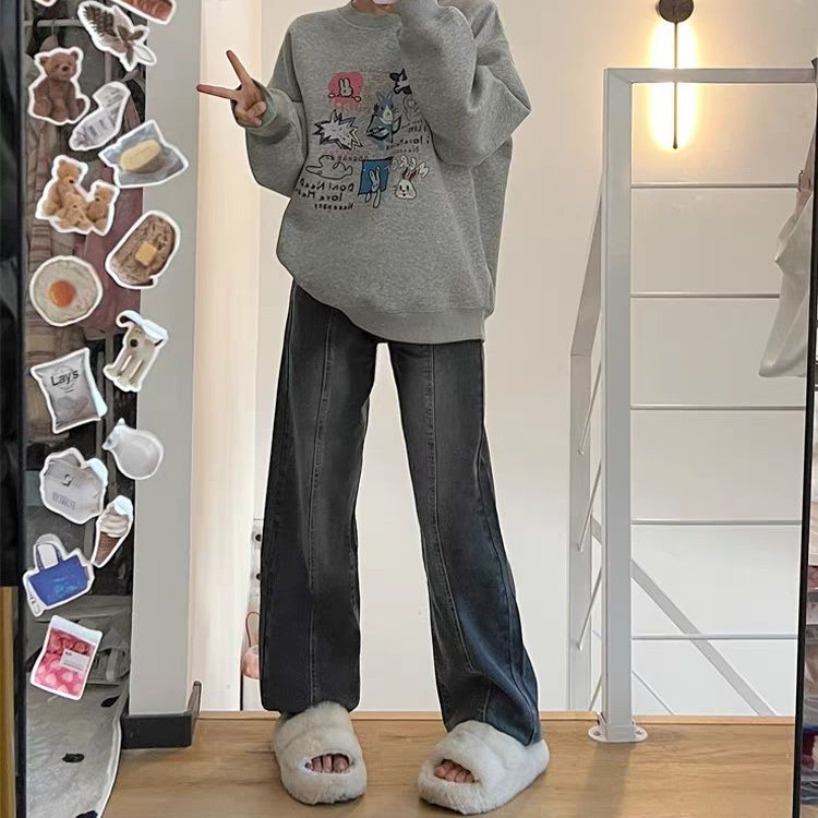 復古高街設計感闊腿牛仔褲女新款ins小個子寬鬆垂感直筒拖地褲潮