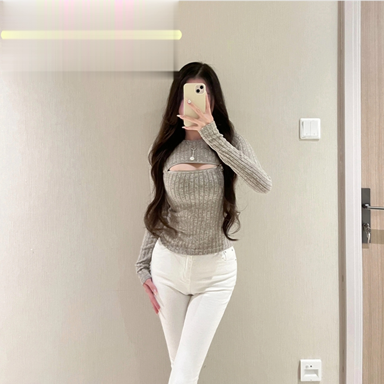 鏤空拉鏈磨毛T恤女設計感小眾法式復古短款純欲上衣長袖打底衫ins
