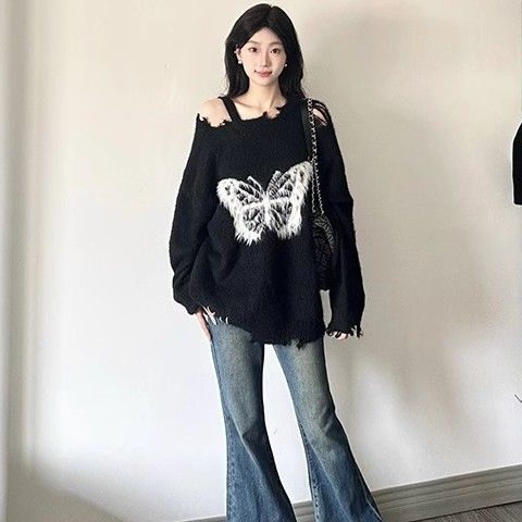 大碼胖mm美式復古蝴蝶慵懶風毛衣女寬鬆秋冬設計感破洞針織上衣潮
