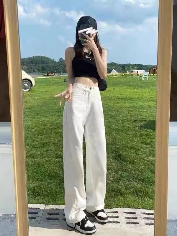 白色高腰闊腿牛仔褲女秋季新款美拉德百搭寬鬆直筒垂感拖地褲子潮